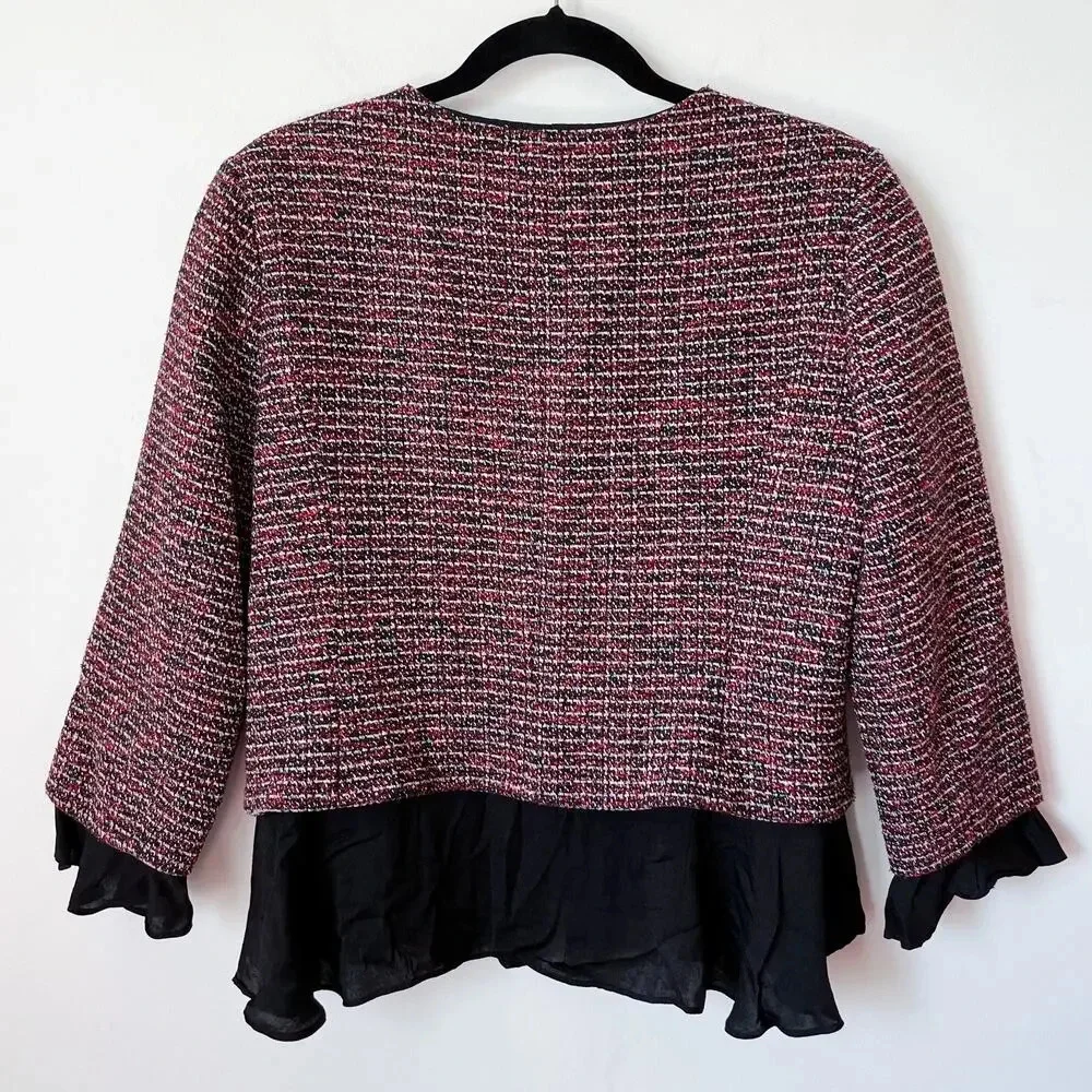 Slate &‎ Willow Tweed Ruffle Trim Peplum Jacket Blazer Zip Size 12 Career Work